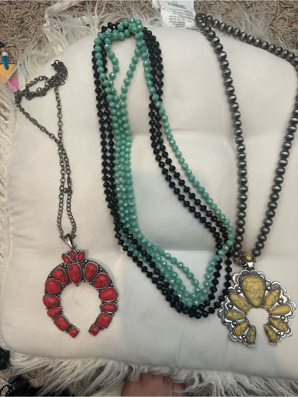 Turquoise and Black Multi-Strand Beaded Necklace with Yellow & Red Squash Pendan